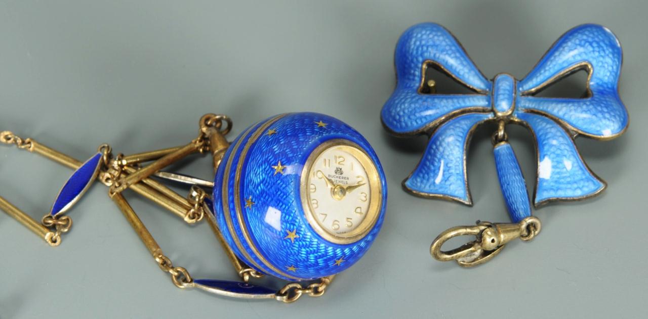 Lot 155: Bucherer guilloche blue enamel pendant watch