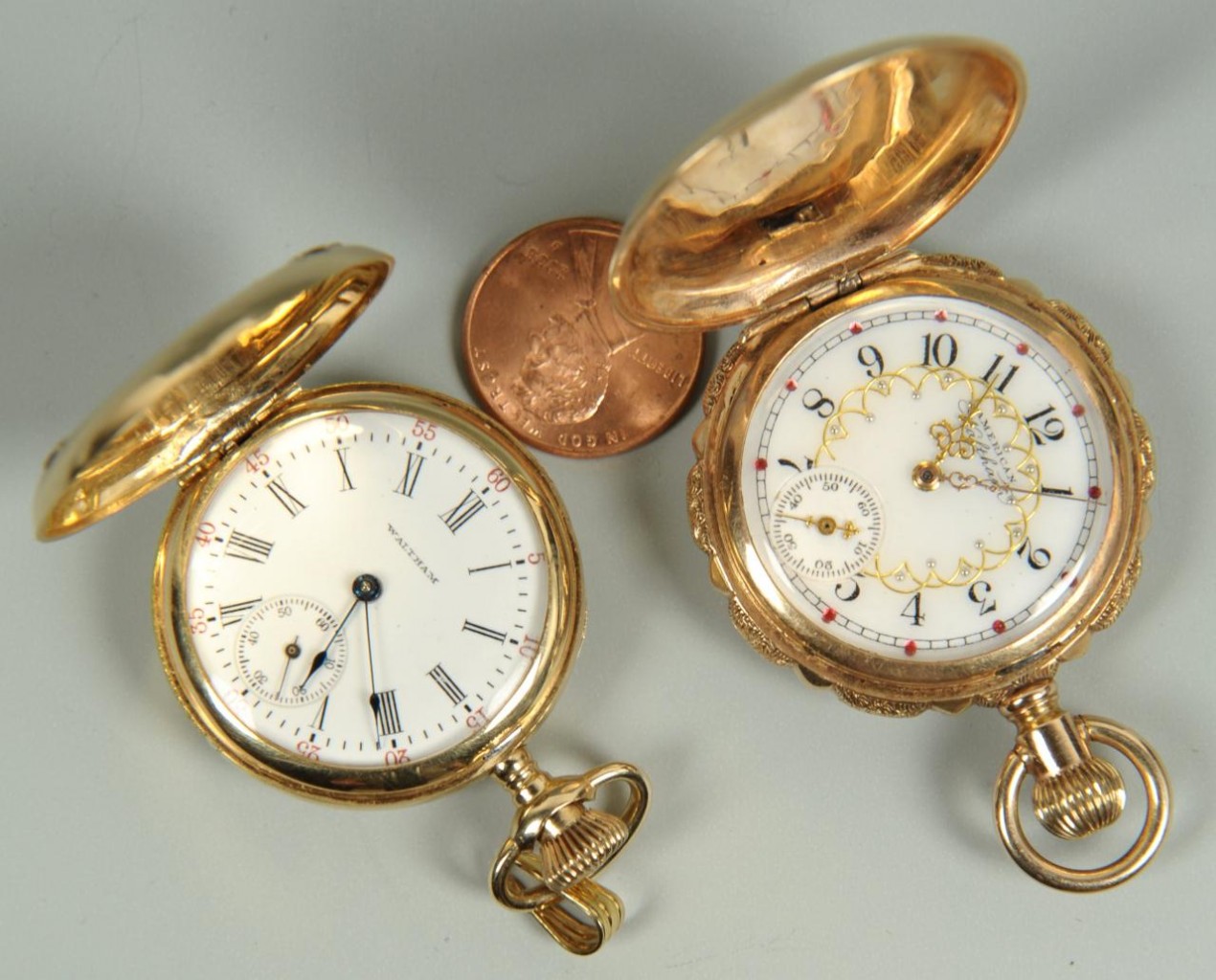 Lot 158: Two 14K Waltham Hunting Case Watches w/ Birds