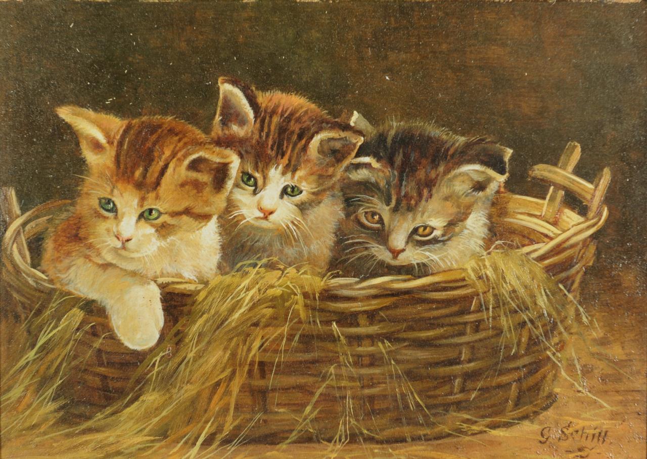 Lot 202: George Schill Oil on Board of Kittens