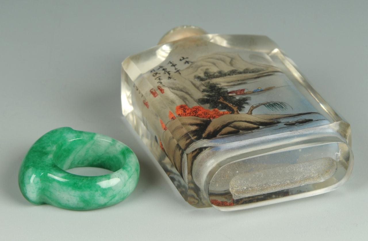 Lot 210: Reverse Ptd Glass Snuff Bottle & Jade Ring