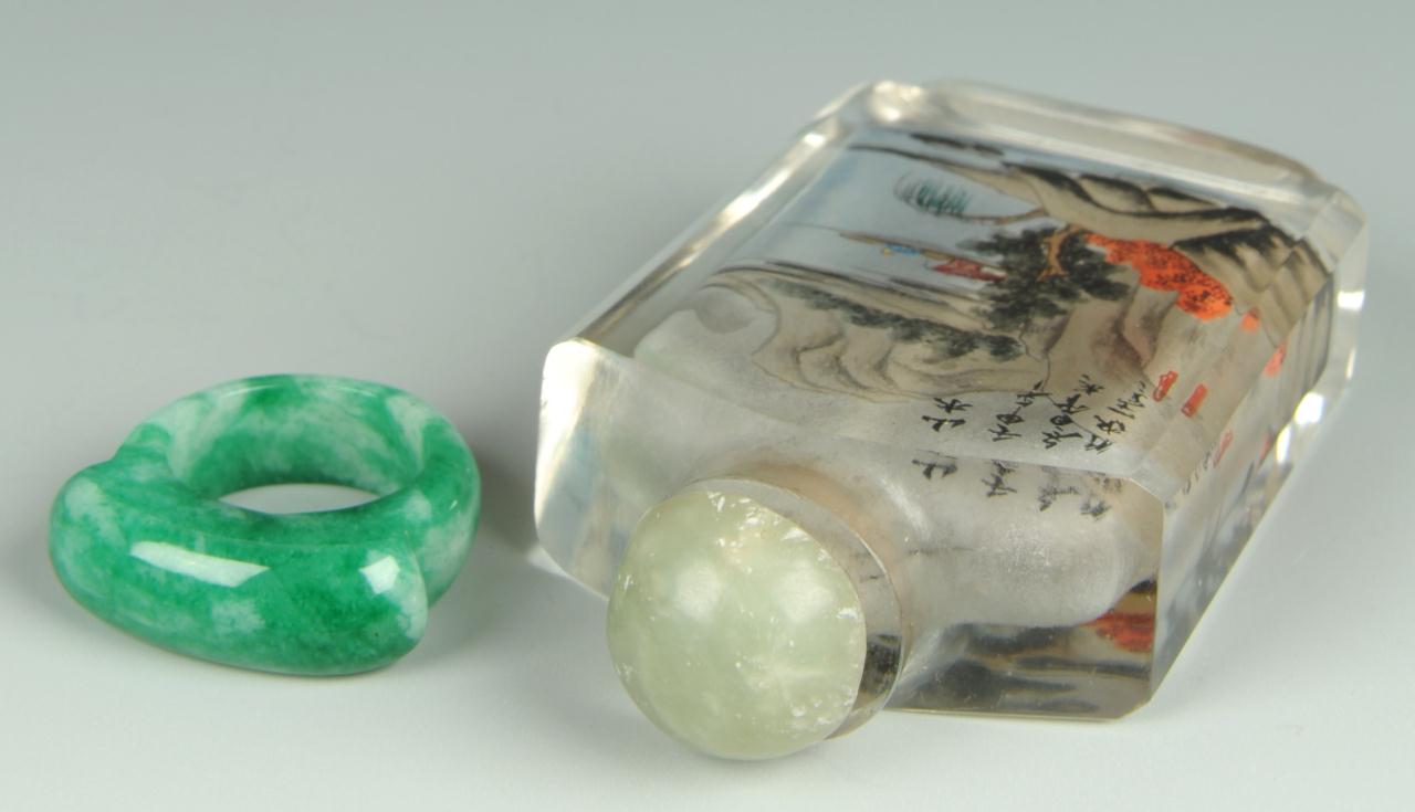 Lot 210: Reverse Ptd Glass Snuff Bottle & Jade Ring