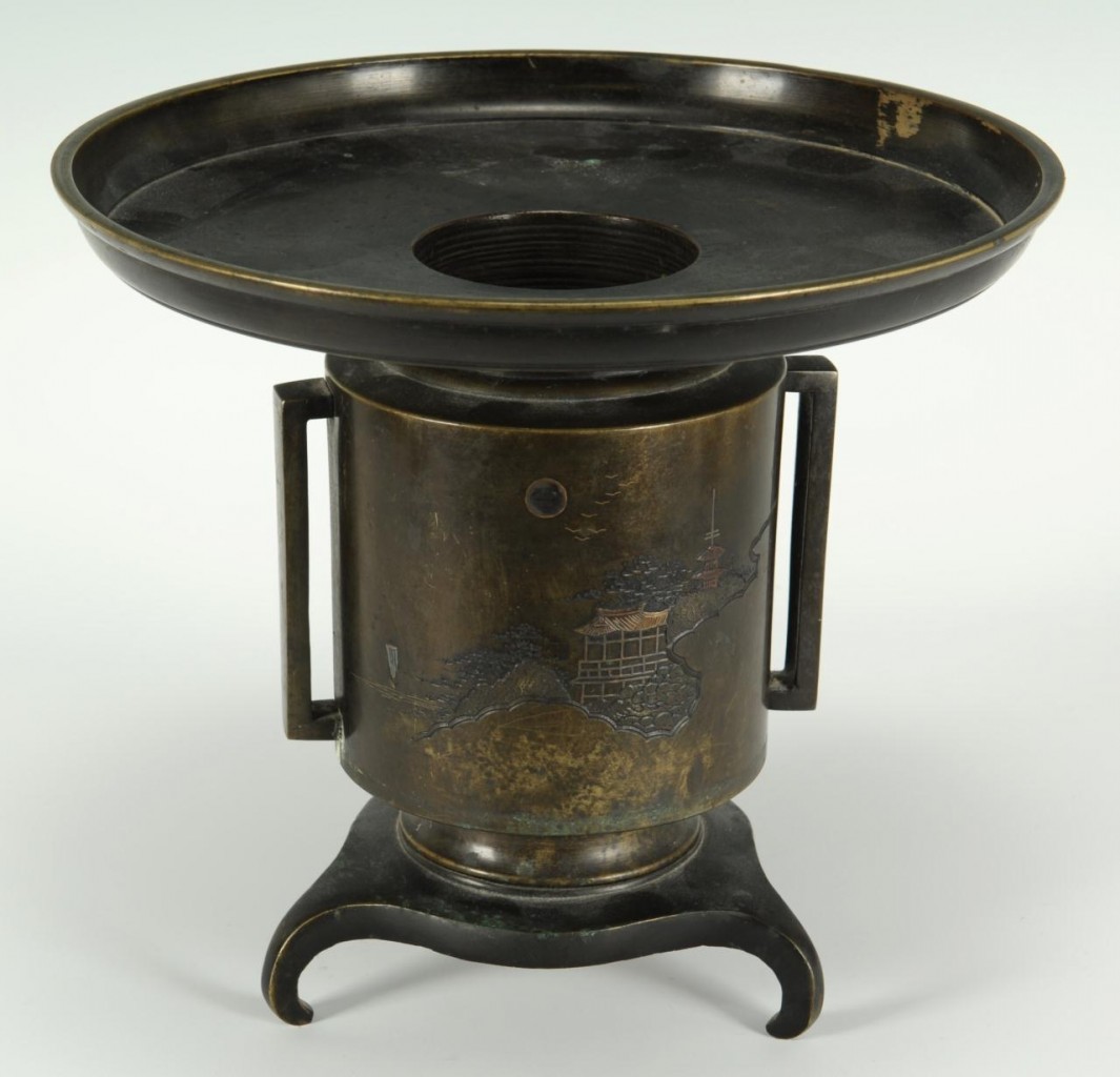 Lot 214: Japanese Meiji mixed metals inlaid usubata urn
