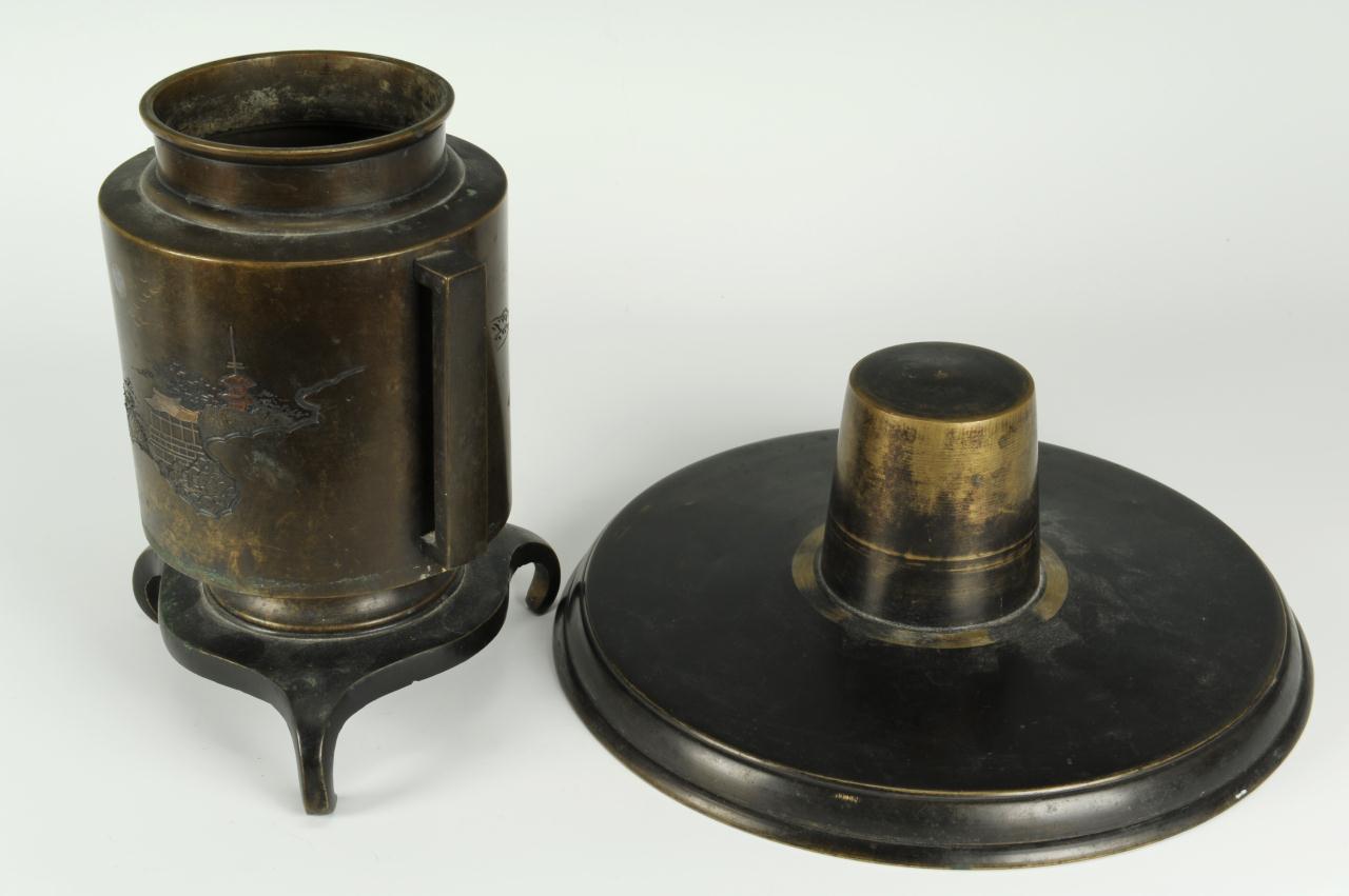 Lot 214: Japanese Meiji mixed metals inlaid usubata urn