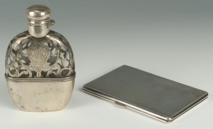 Lot 269: Sterling cigarette case and silver overlay flask