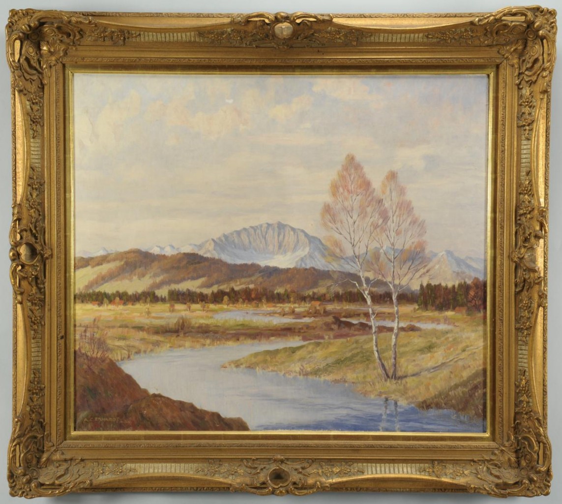 Lot 316: A. C. Erhardt oil on canvas landscape with river