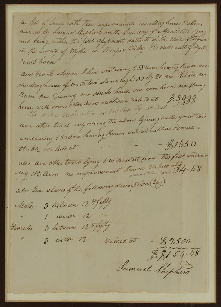 Lot 371: Framed 1815 Listing Wythe Co., VA Slave Property