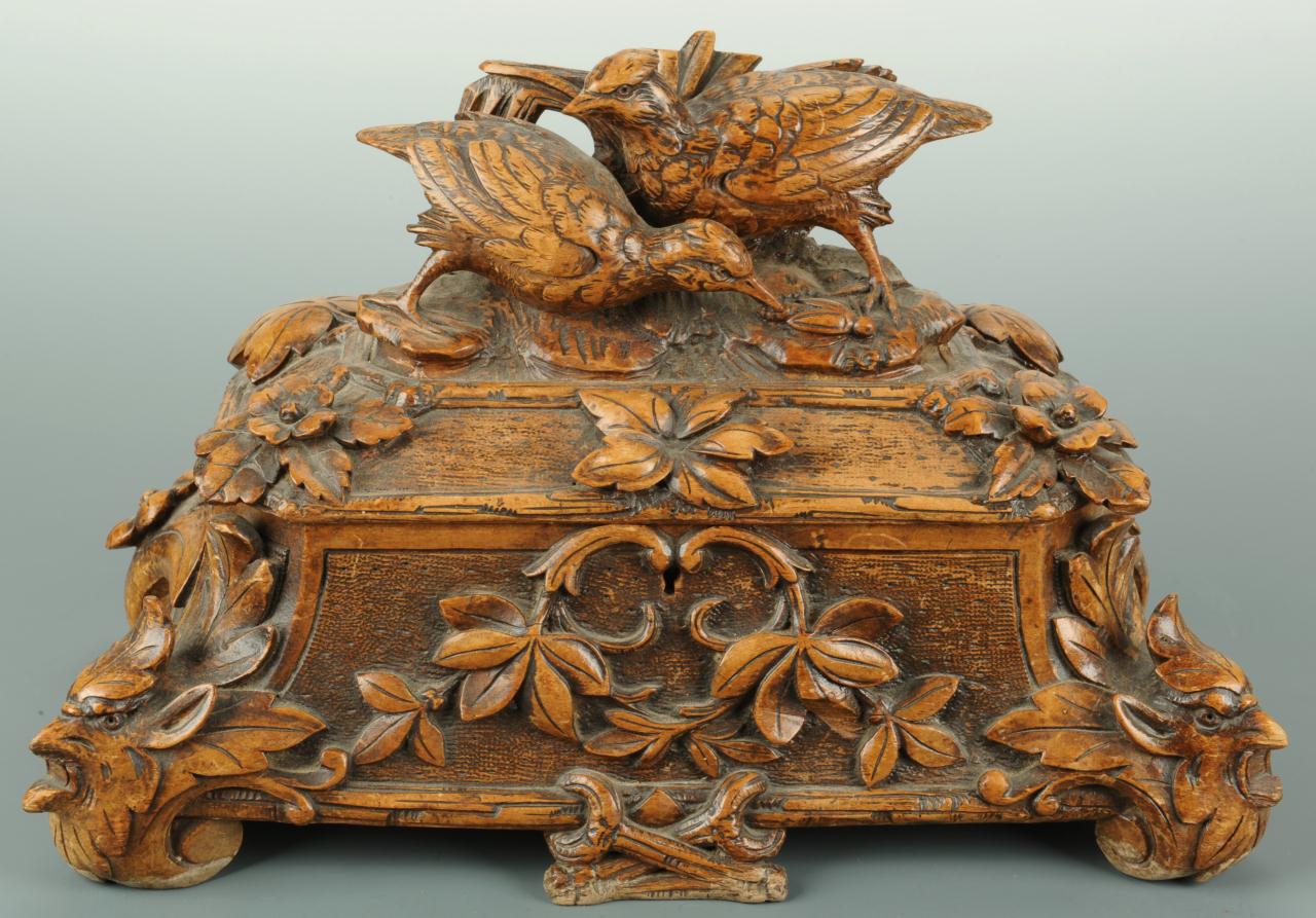 Lot 373: Black Forest box with carved figural birds