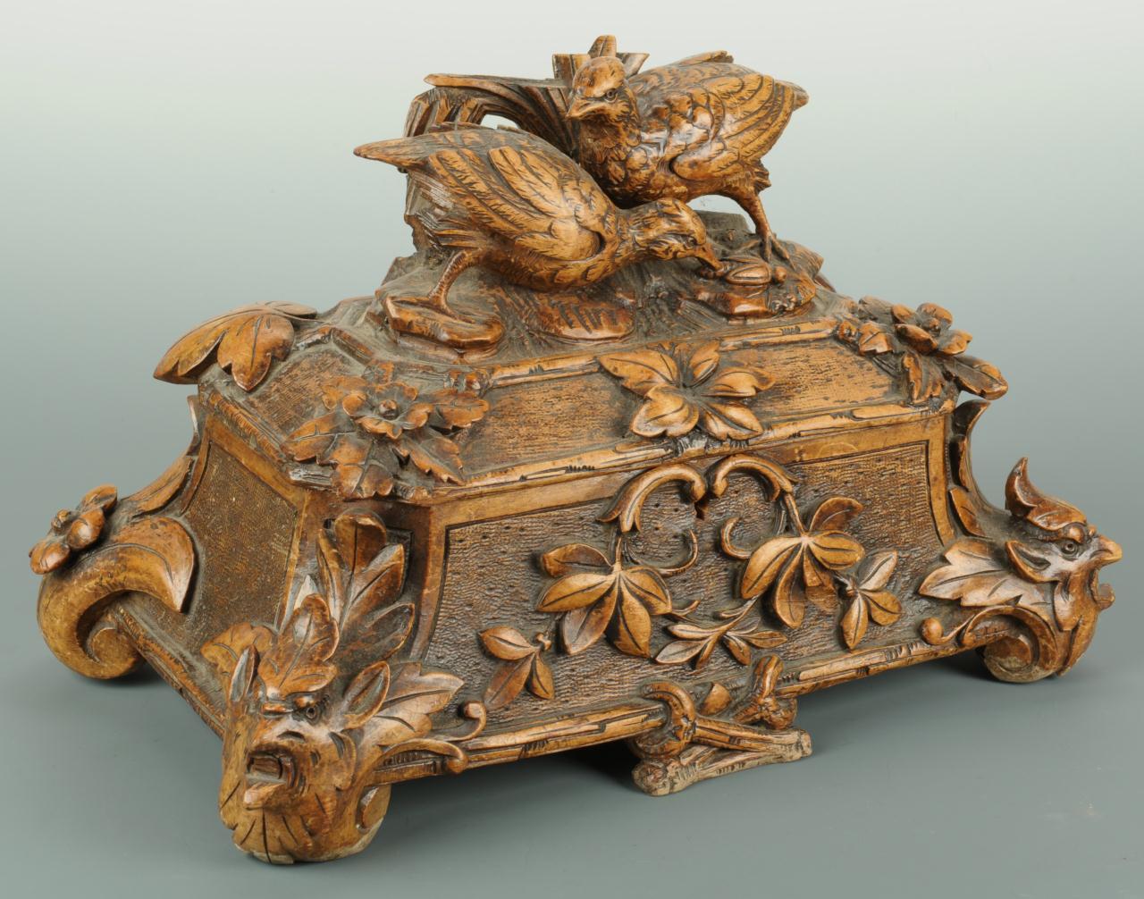 Lot 373: Black Forest box with carved figural birds