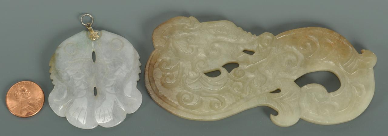 Lot 390: 2 pcs Chinese Carved Jade, Dragon and Fish Pendan