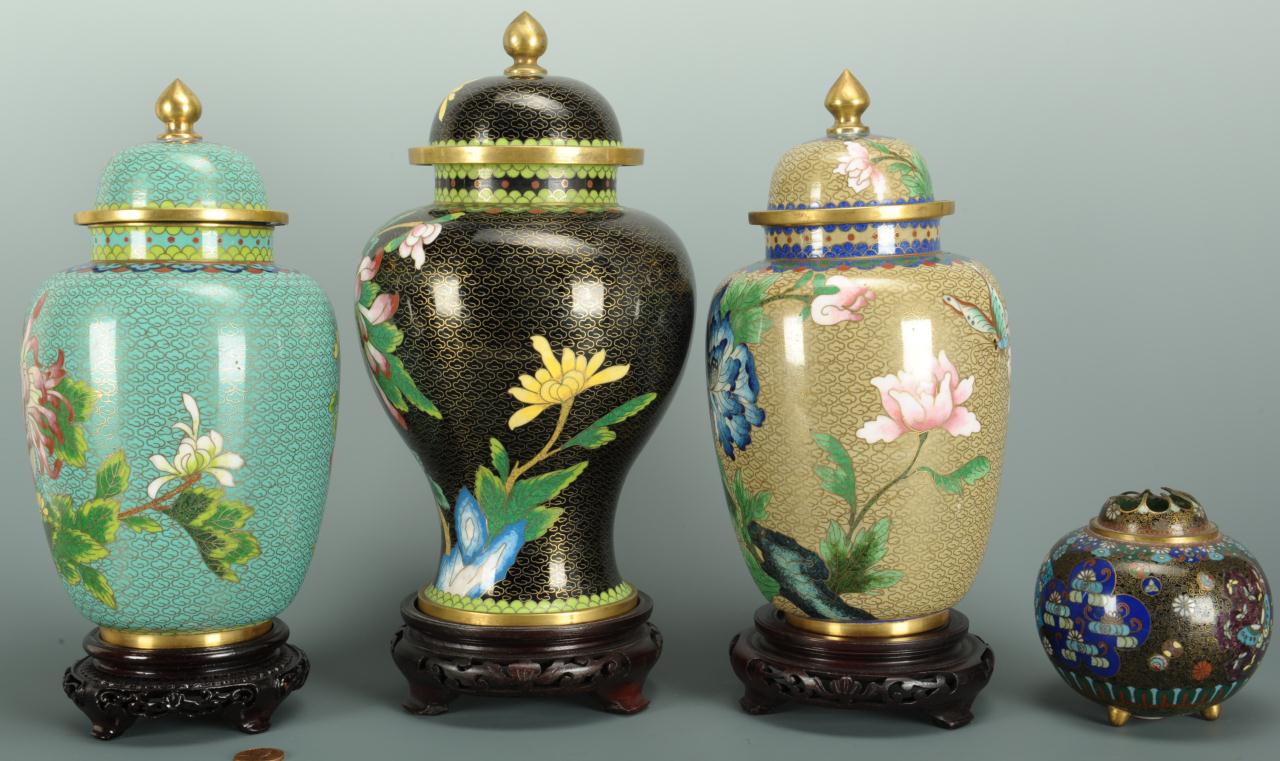 Lot 394: 4 pcs. Chinese Cloisonne including jars and flower