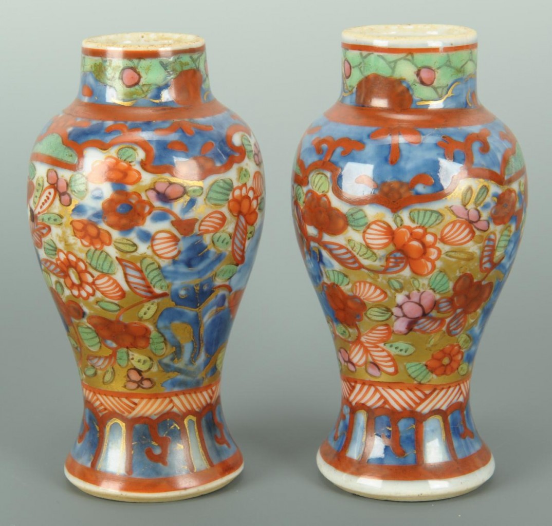 Lot 395: Pair red cinnabar vases & Pair Imari vases