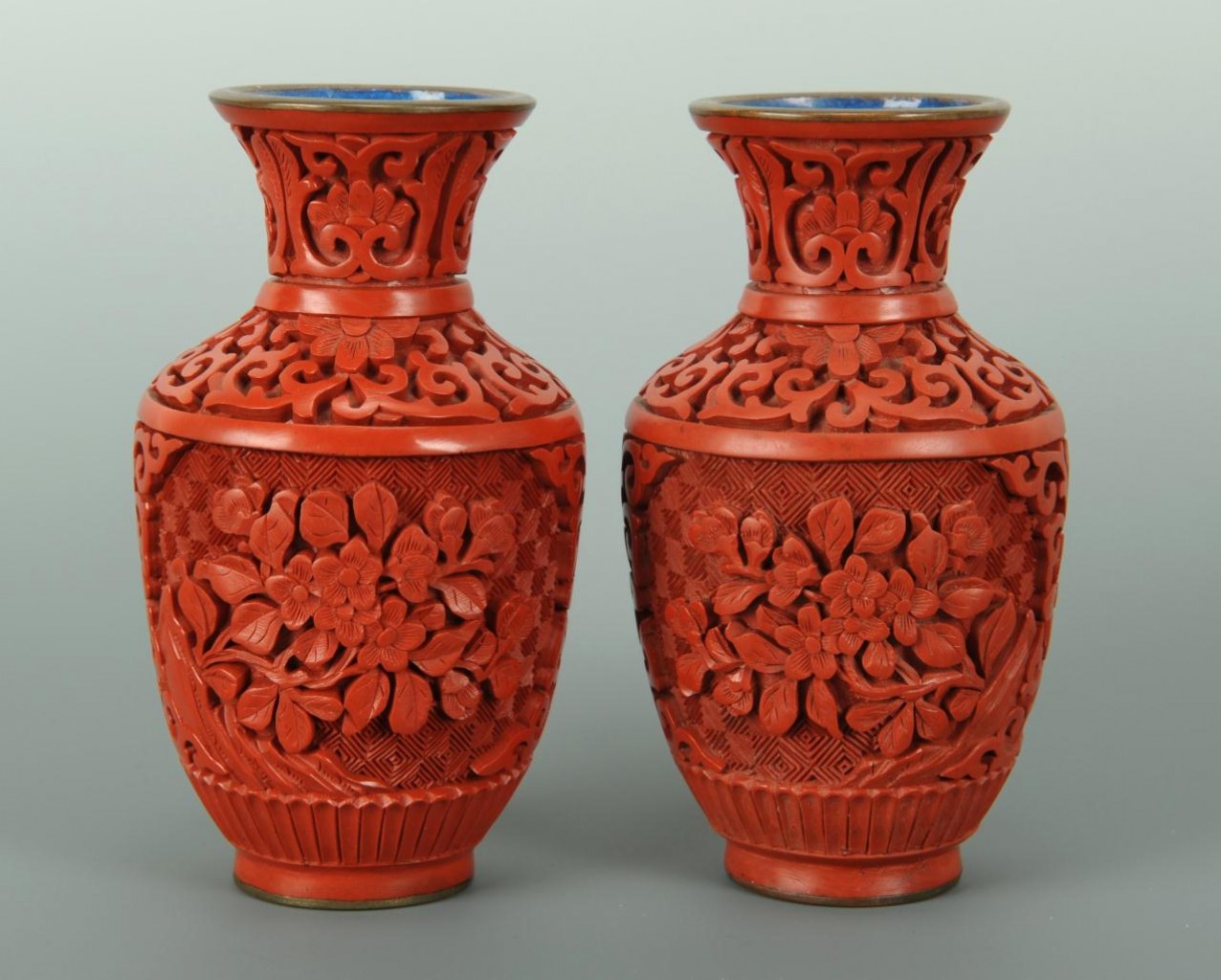 Lot 395: Pair red cinnabar vases & Pair Imari vases