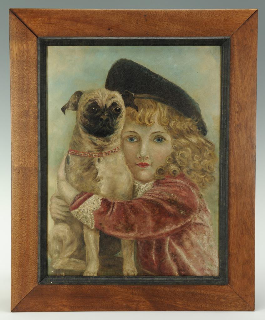 Lot 435: Folk art painting of girl with dog