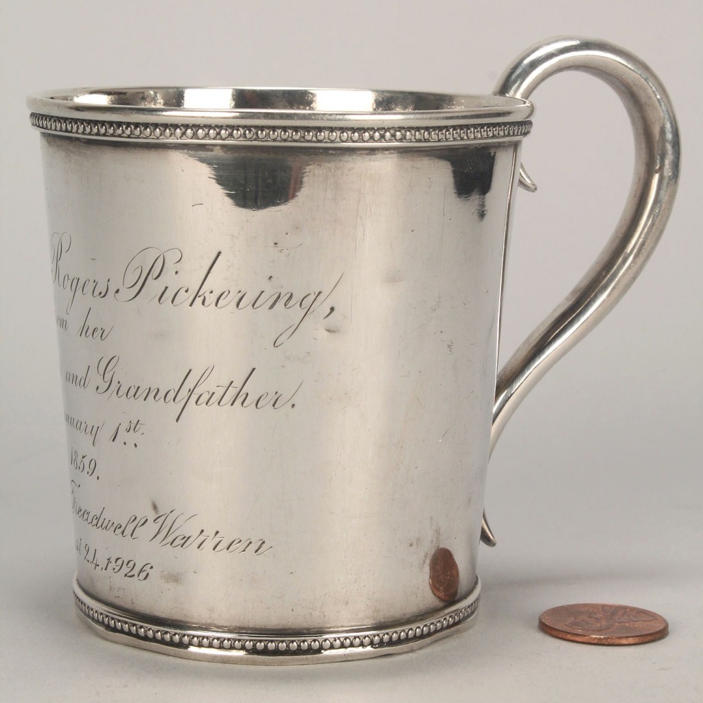 Lot 458: Coin silver mug with Pickering inscription