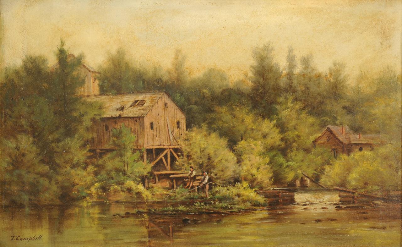 Lot 45: Thomas Campbell oil on board, Stream w/ Mill