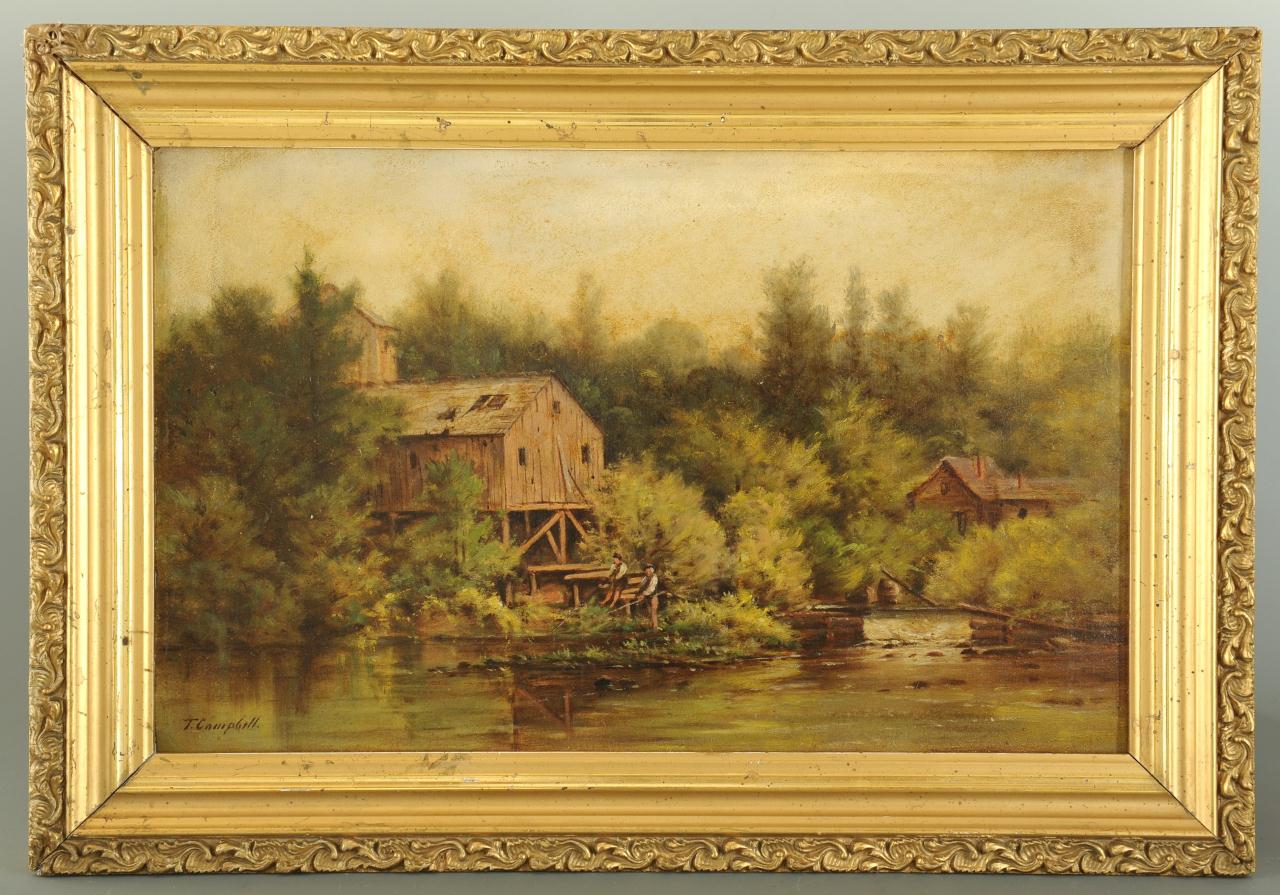 Lot 45: Thomas Campbell oil on board, Stream w/ Mill