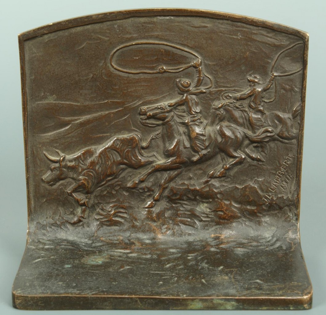 Lot 502: Bronze Bookends, signed J. L. Lambert
