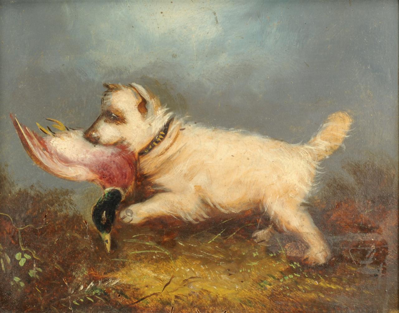 Lot 505: Oil on board of a Terrier, style of George Armfiel