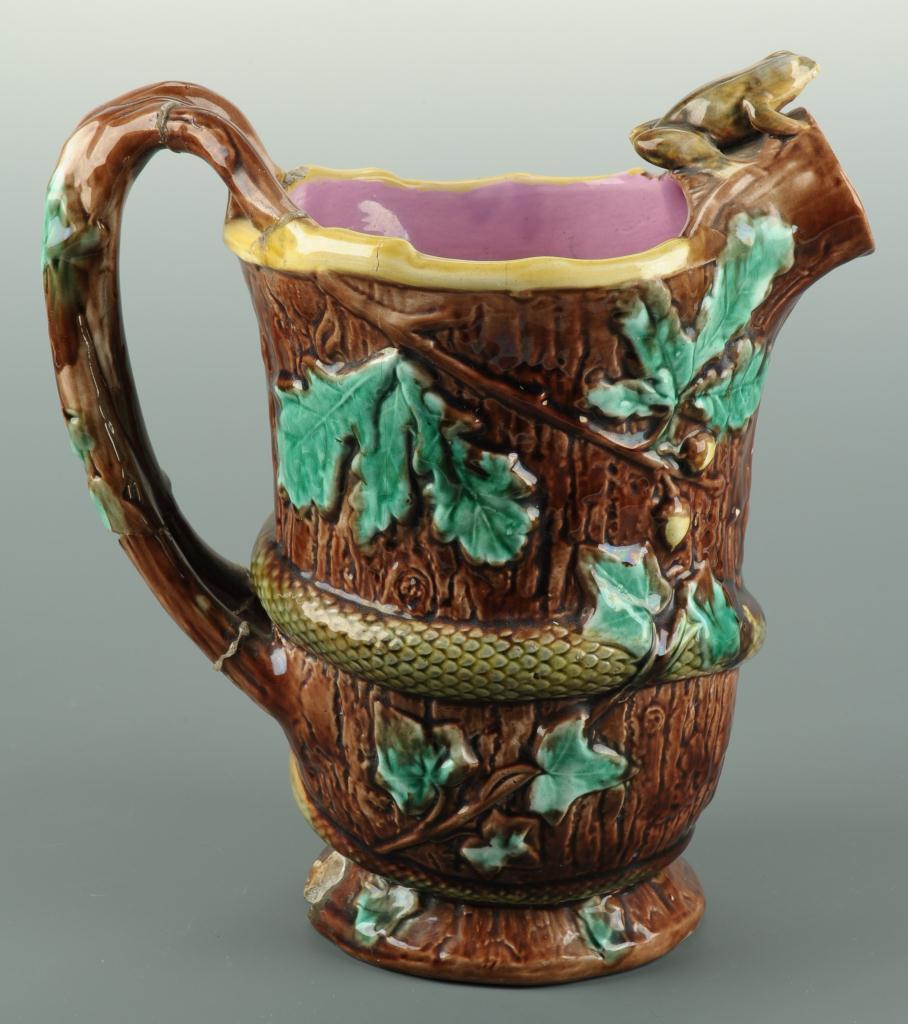 Lot 570: Majolica frog pitcher and two platters