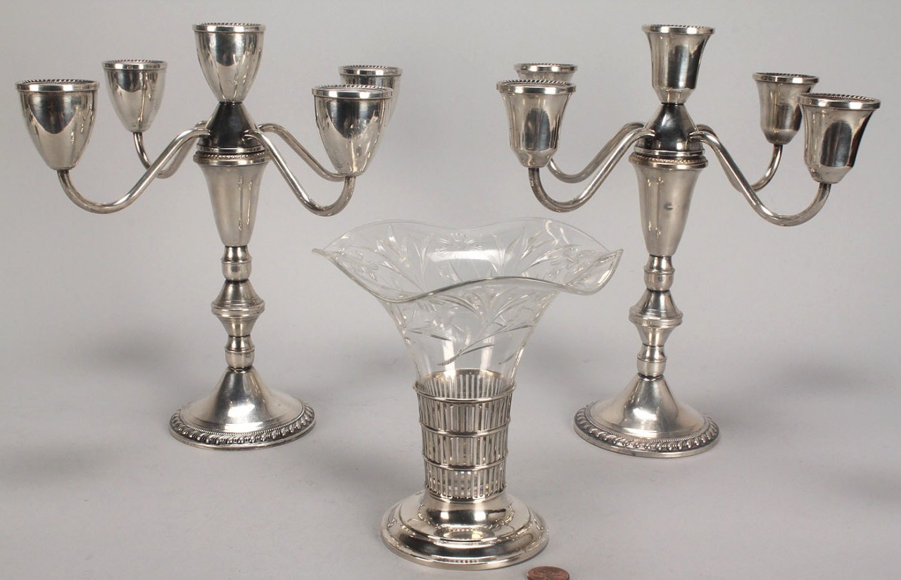 Lot 579: 3 Silver Table Items, Candelabra and Vase