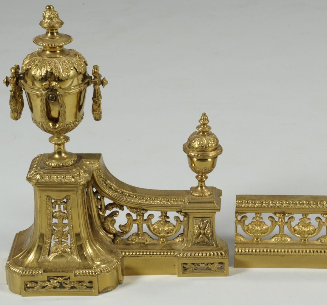 Lot 588: Gilded Fireplace Chenets & Fender