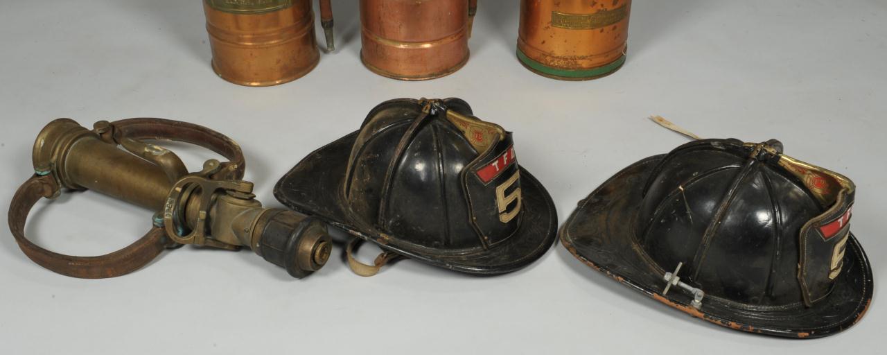 Lot 613: 2 Firemen Helmets, Nozzle, & 3 Fire Extinguishers
