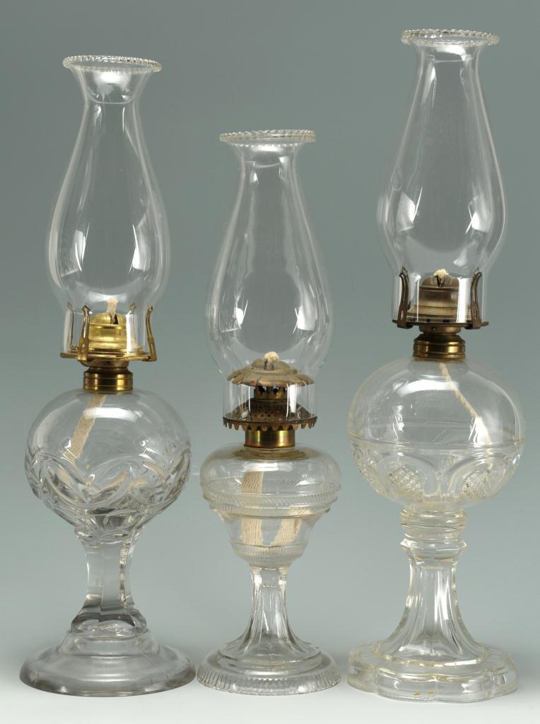 Lot 656: 3 Colorless Glass Kerosene Lamps