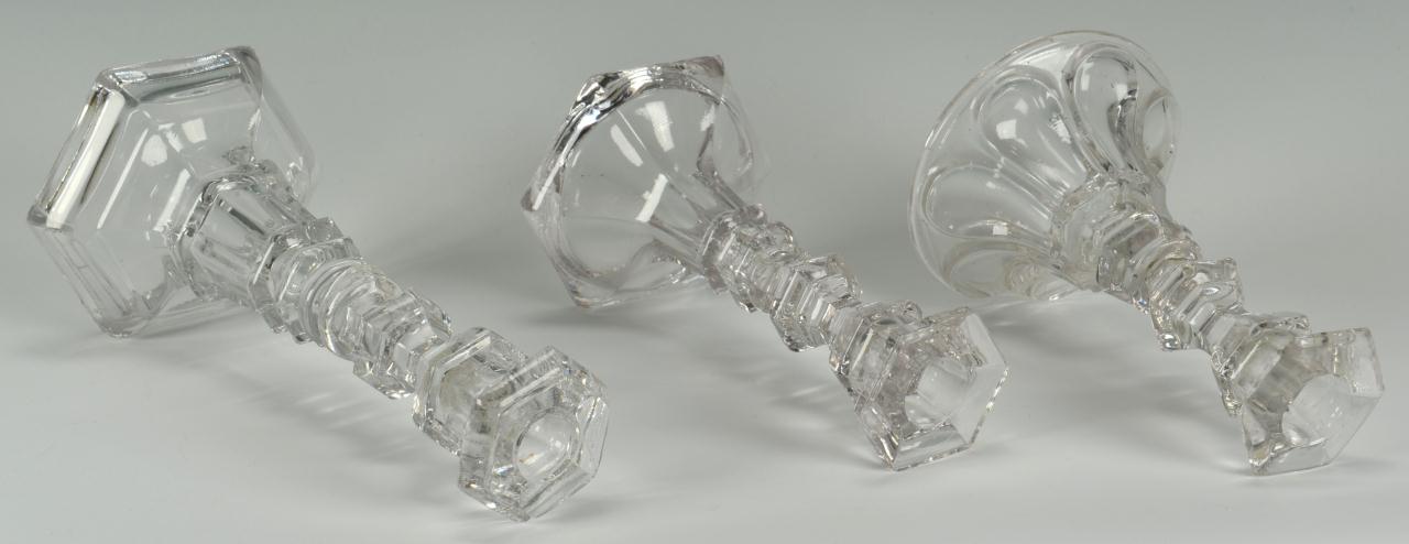 Lot 657: 3 Colorless Pressed Blown Glass Candlesticks