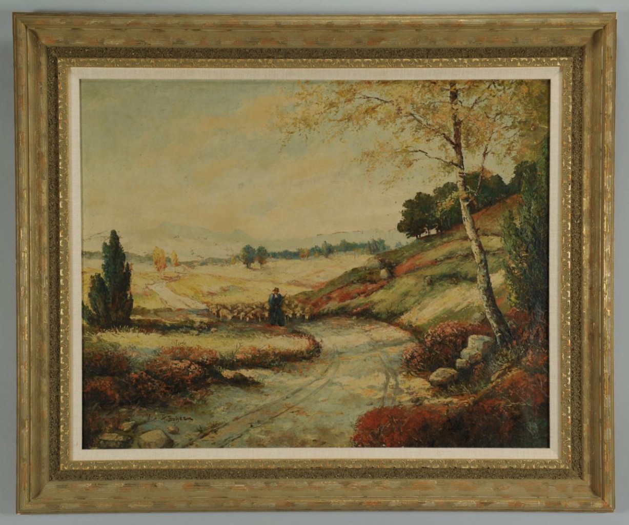 Lot 665: Impressionist landscape with shepherd, o/c