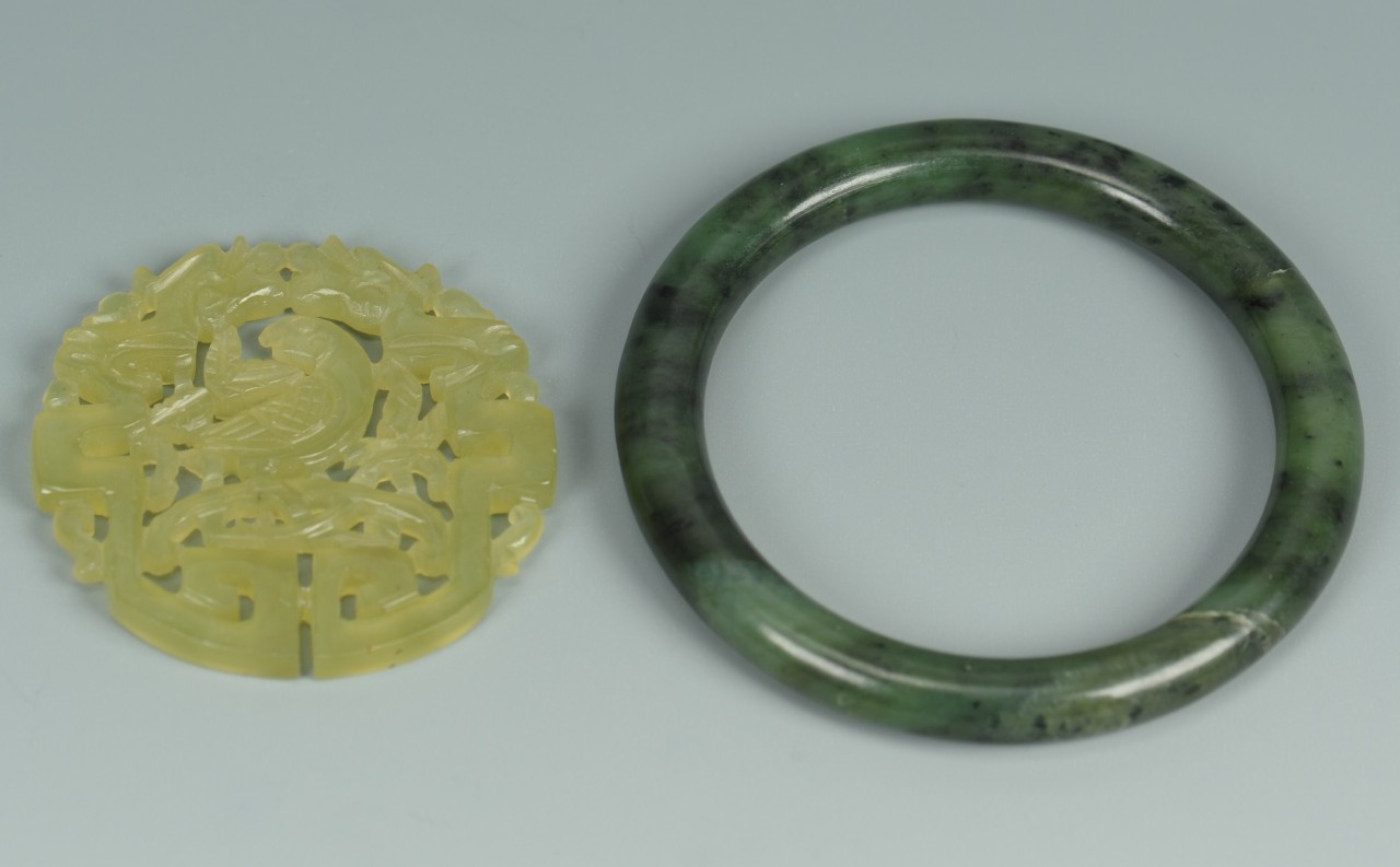 Lot 705: 2 pcs. Chinese Jade: Bi disc and bracelet