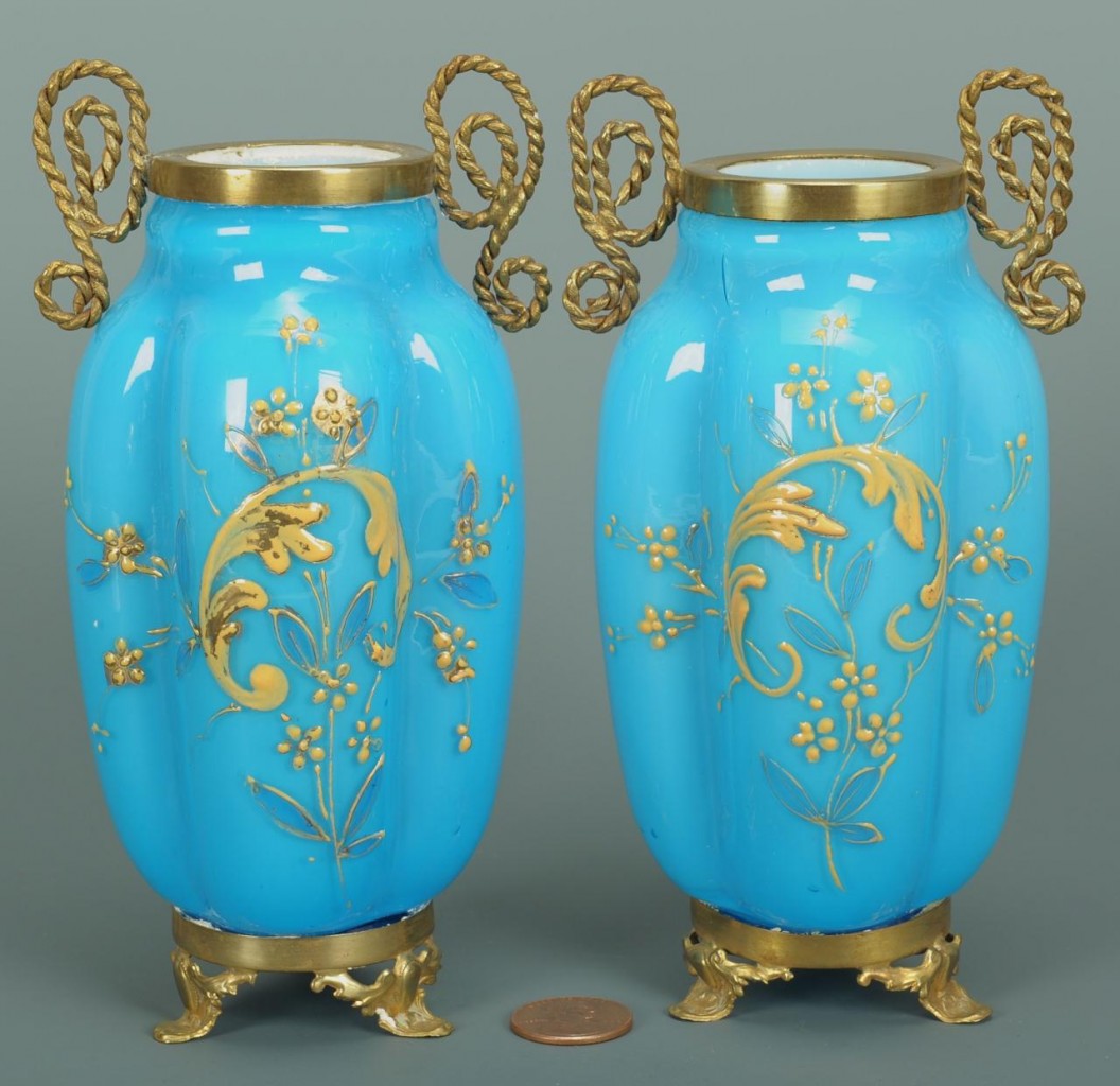 Lot 712: Pair of French Brass Mounted Opaline Vases