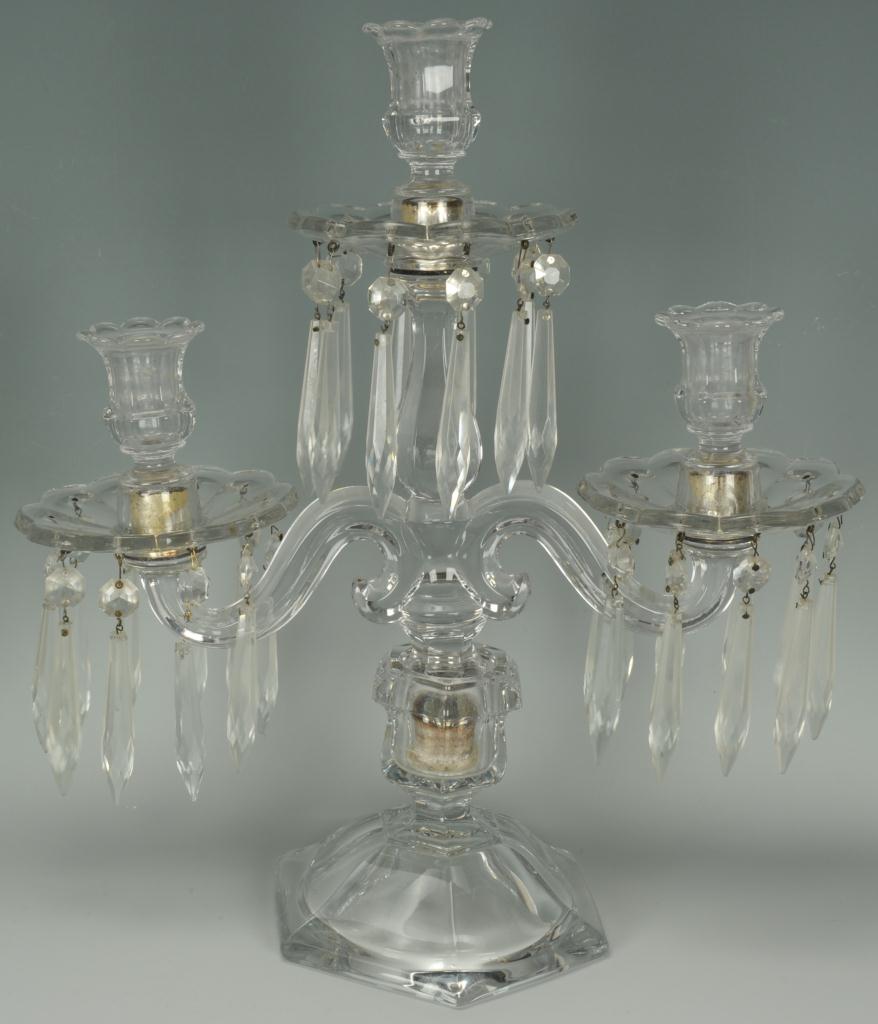 Lot 715: Pair crystal candelabra and Steuben glass urns