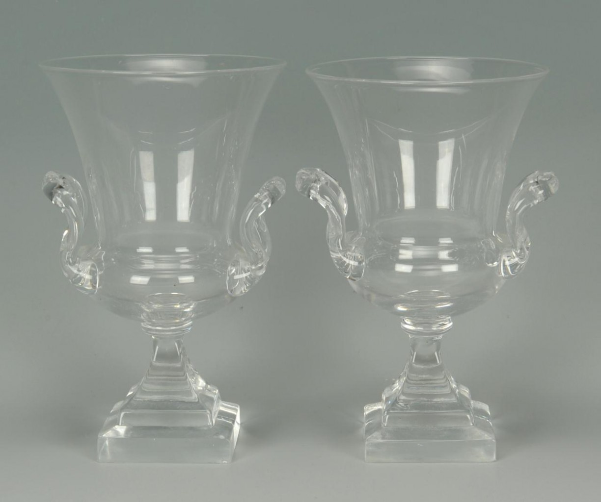 Lot 715: Pair crystal candelabra and Steuben glass urns