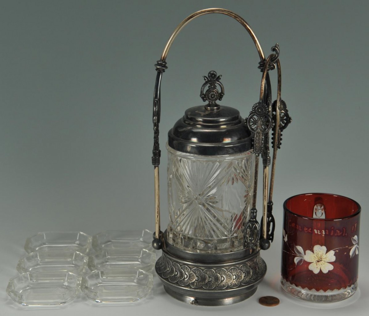 Lot 716: 3 Glass items: Pickle Caster, TN Centennial cup, S