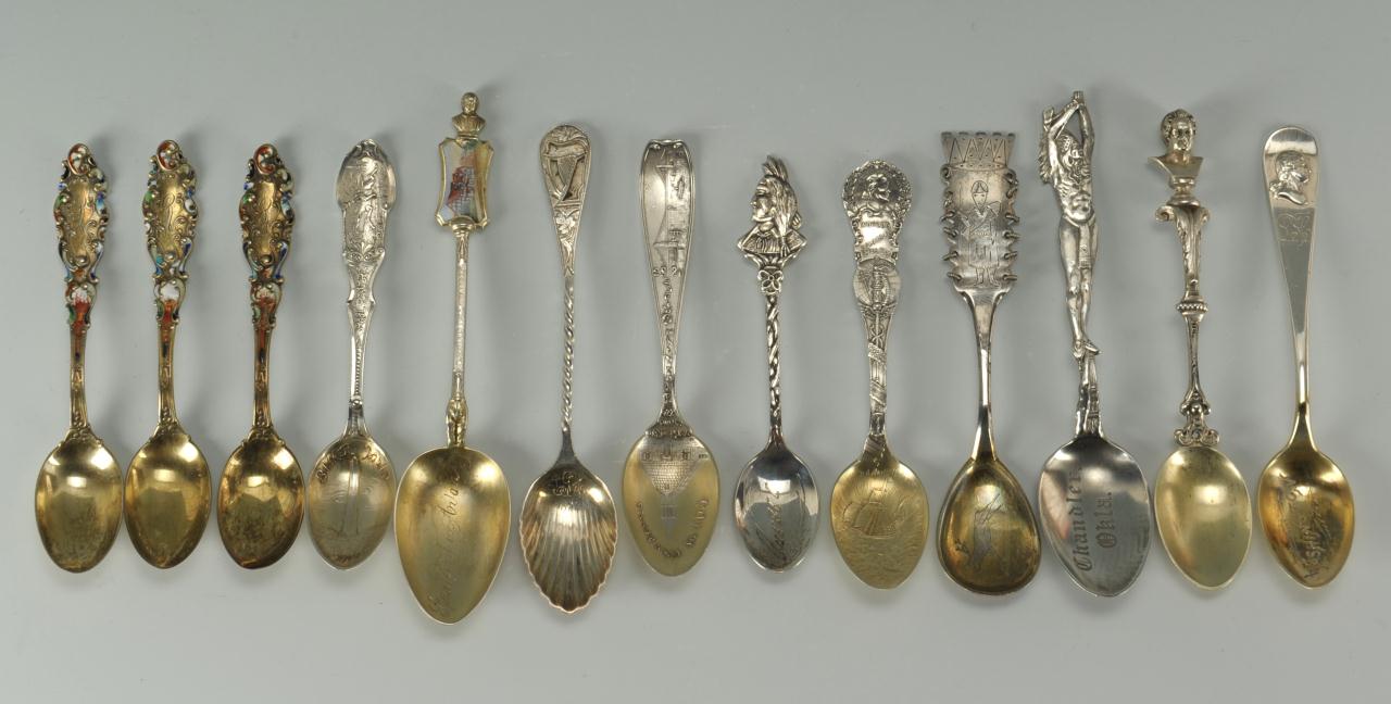 Lot 748: 13 silver souvenir spoons & 8 Pcs. Mixed Flatware