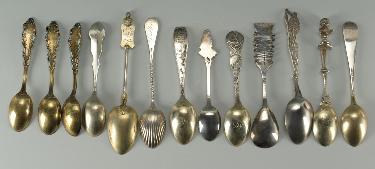 Lot 748: 13 silver souvenir spoons & 8 Pcs. Mixed Flatware