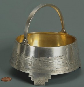 Lot 88: Russian Silver Sugar Basket with engraved farm sce