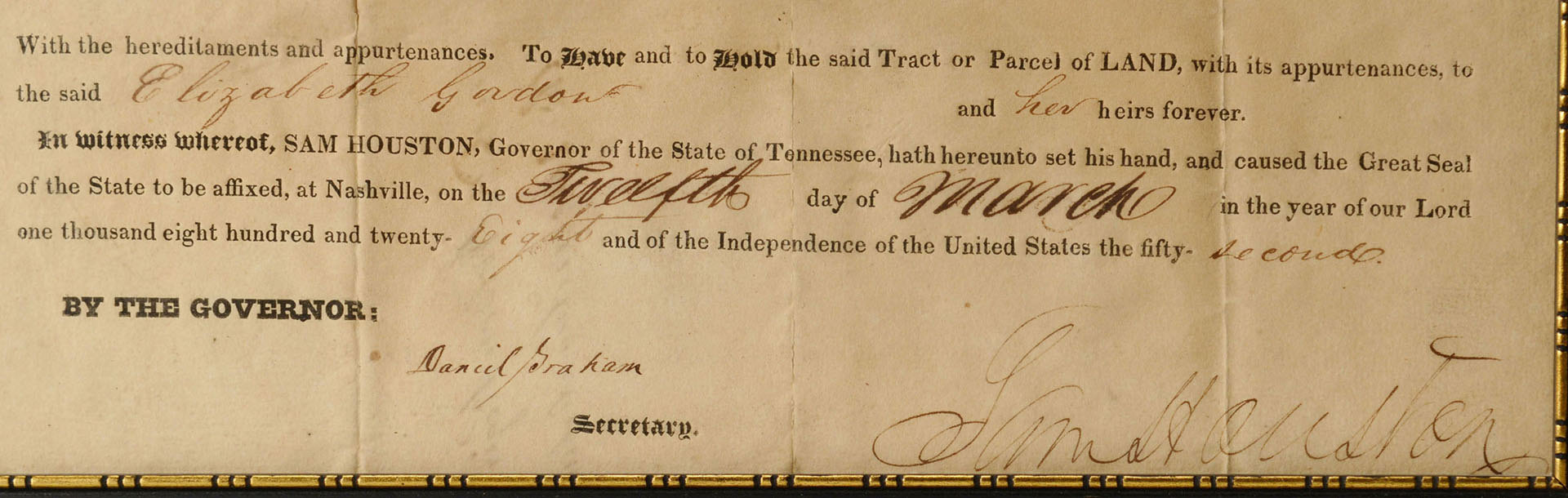 Lot 138: Sam Houston Signed Tennessee Land Grant