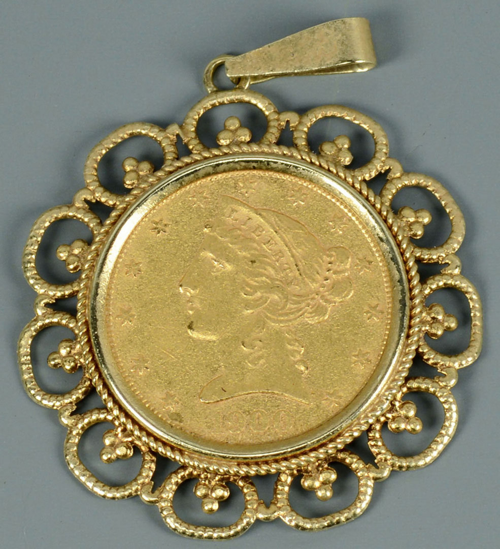 Lot 292: 2 coin pendants: Gold Liberty $5 & Morgan dollar