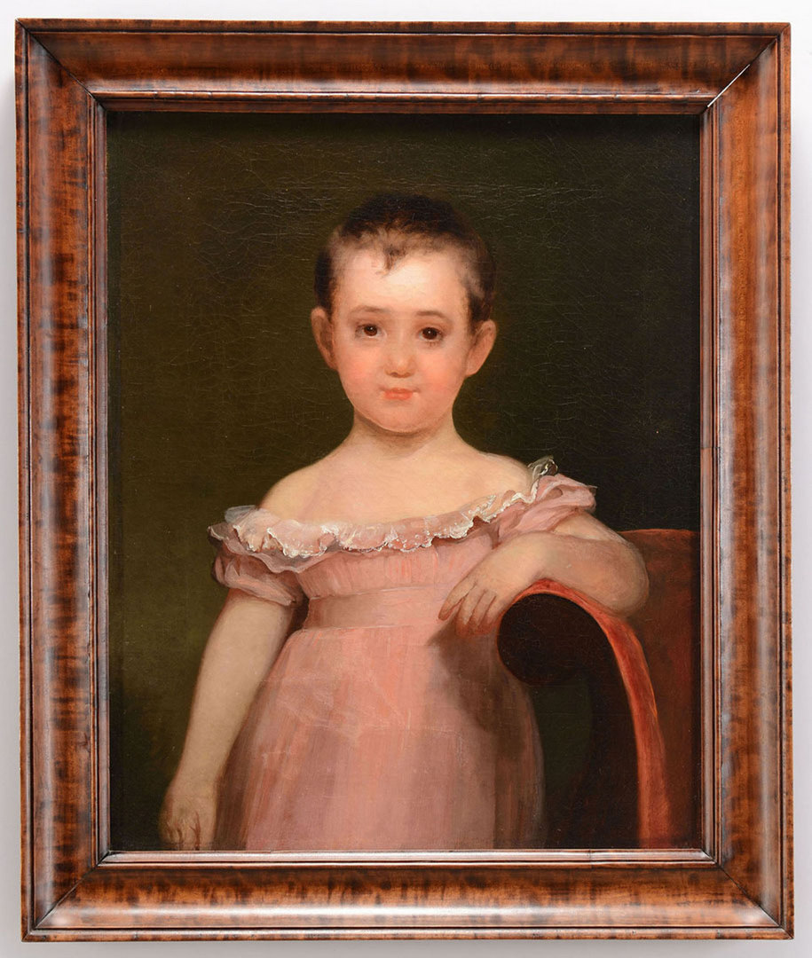 Lot 34: American School, Portrait of a child in pink dress