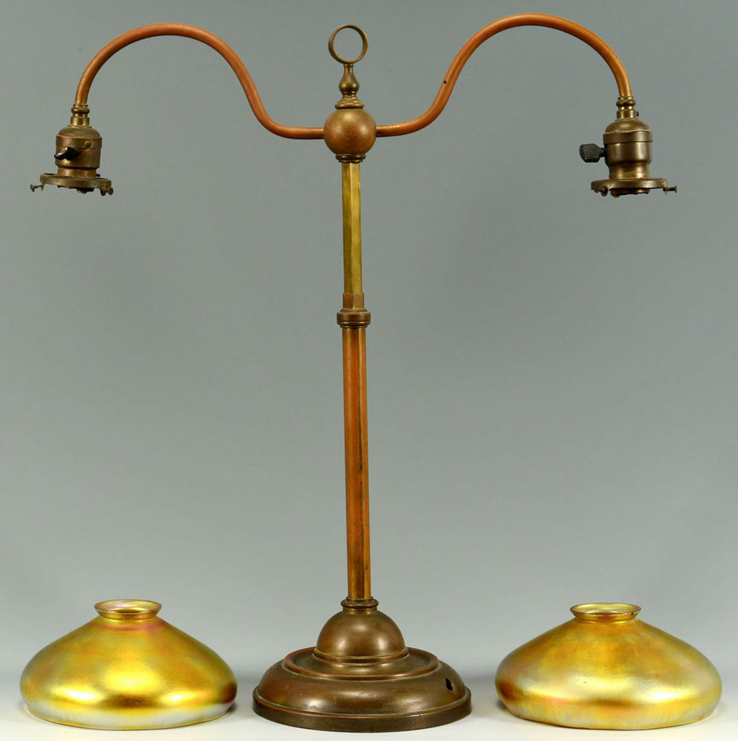 Lot 381: Lamp w/ Aurene Art Glass Shades, poss. Steuben