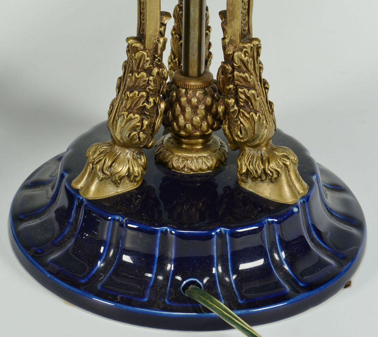 Lot 384: Pr. Blue Classical Lamps w/Ormolu Ram Head Fitting