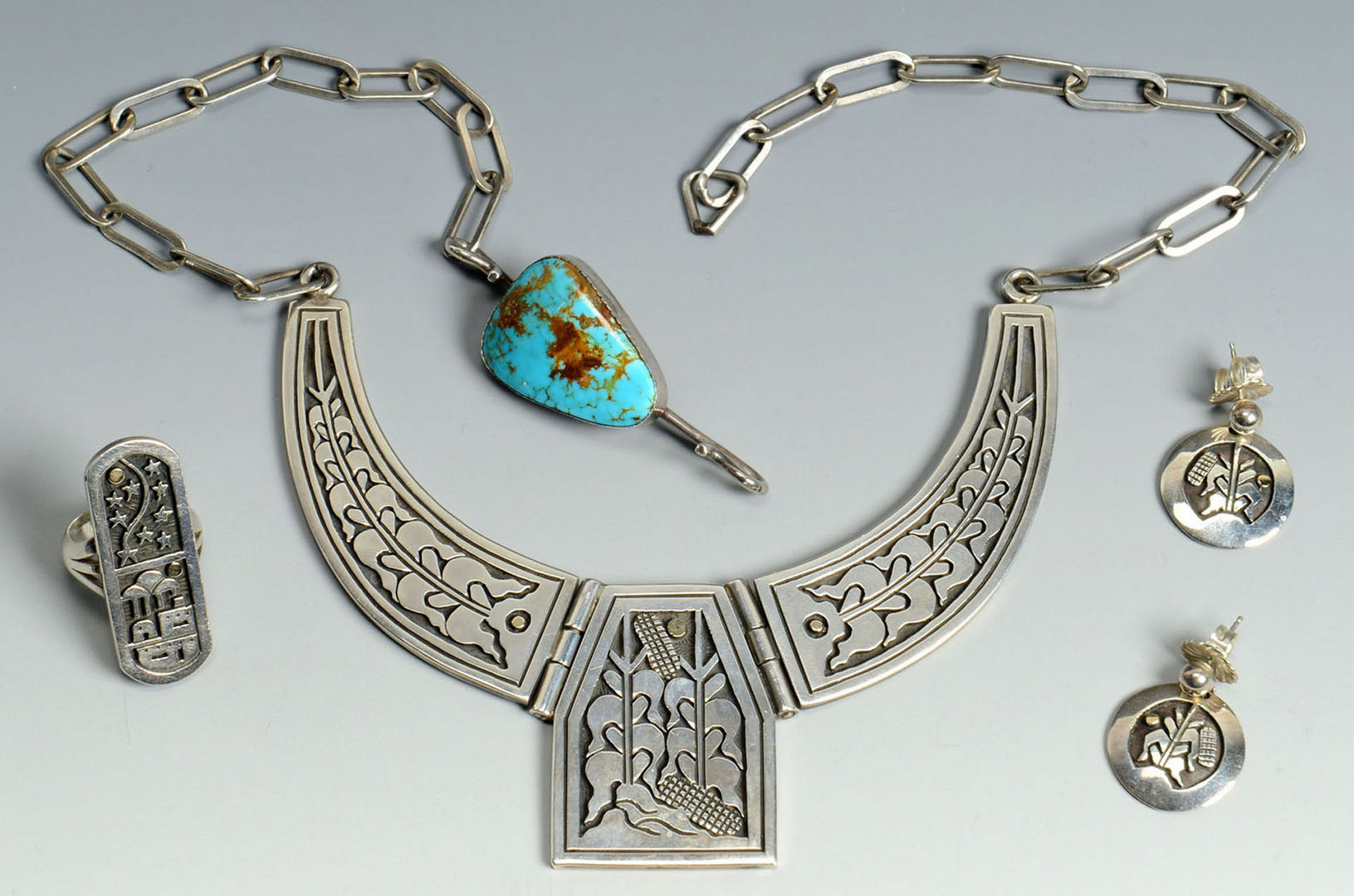 Lot 389: Coriz S. Domingo Silver Necklace, earrings, ring