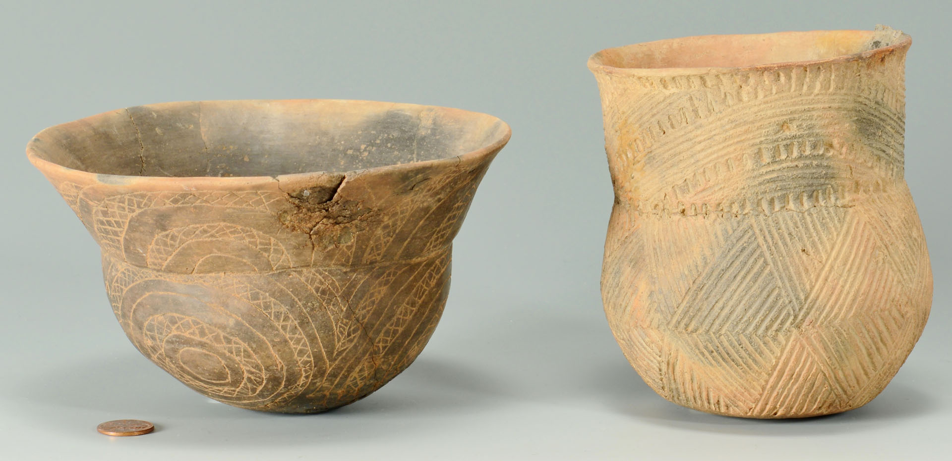 Lot 400: 2 Caddo Incised and Engraved Vessels, Jar and Bowl