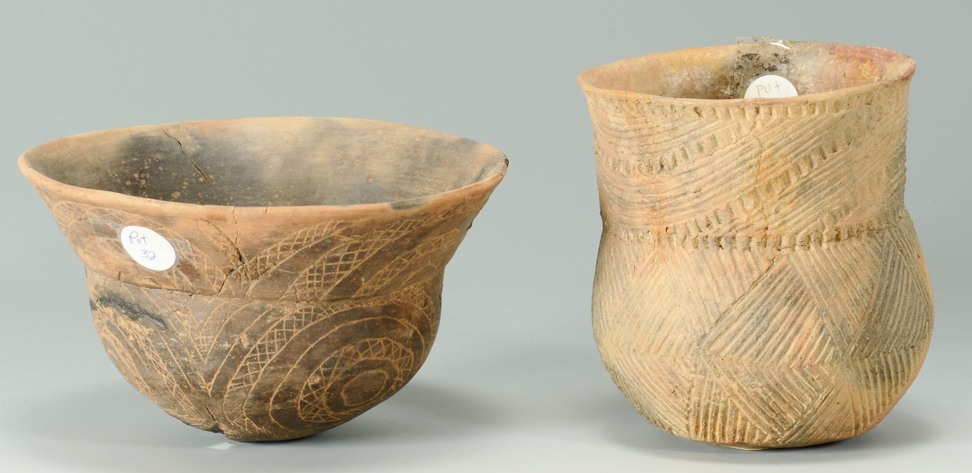 Lot 400: 2 Caddo Incised and Engraved Vessels, Jar and Bowl
