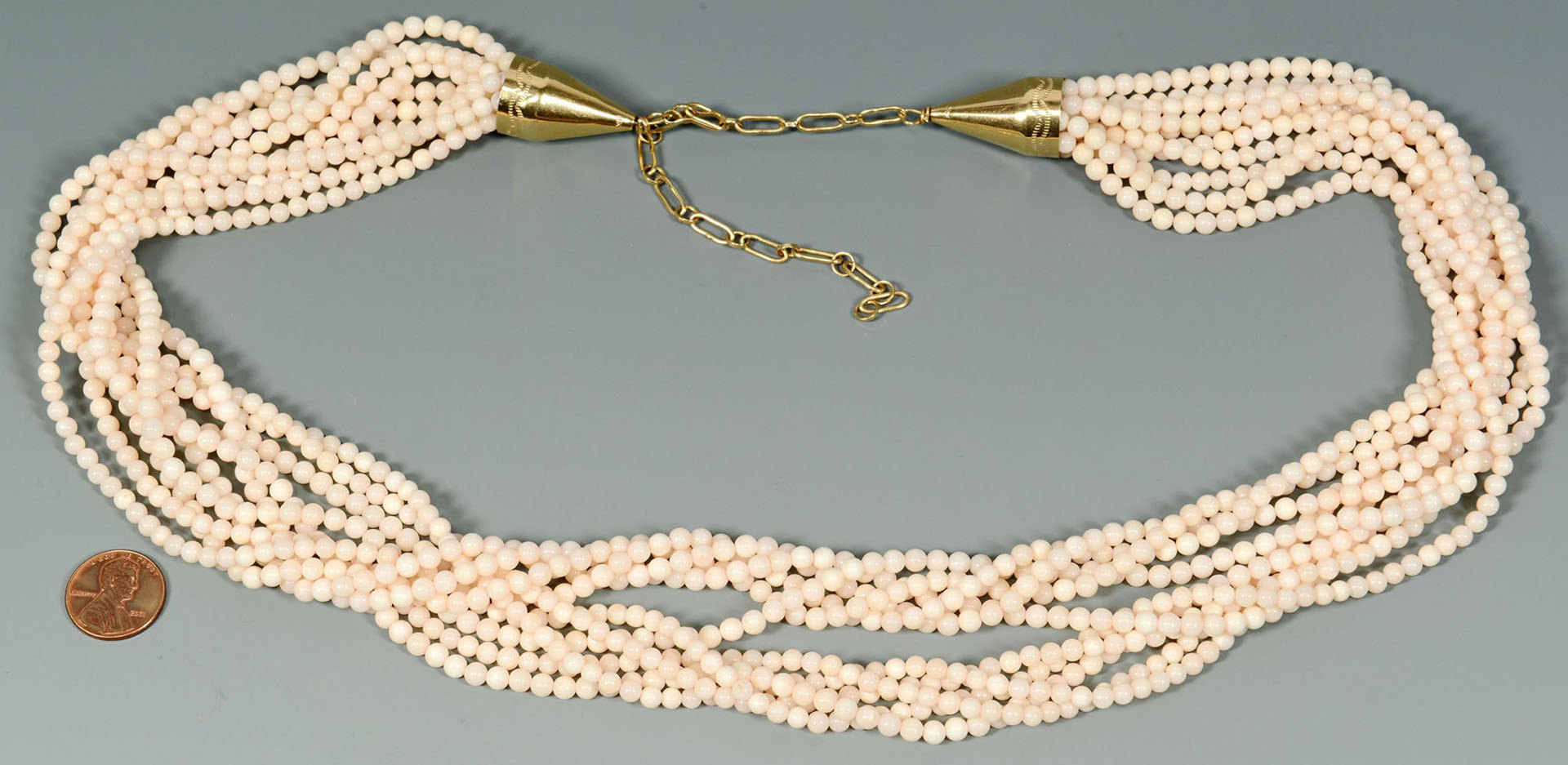 Lot 493: Angelskin Coral and 14K Gold Necklace