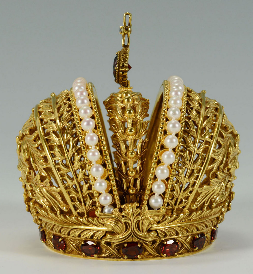 Lot 496: Sterling Gilt Crown with Faux Pearls and Red Stone