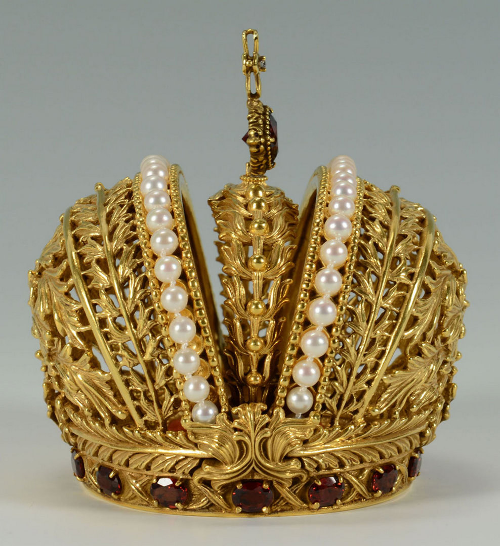 Lot 496: Sterling Gilt Crown with Faux Pearls and Red Stone
