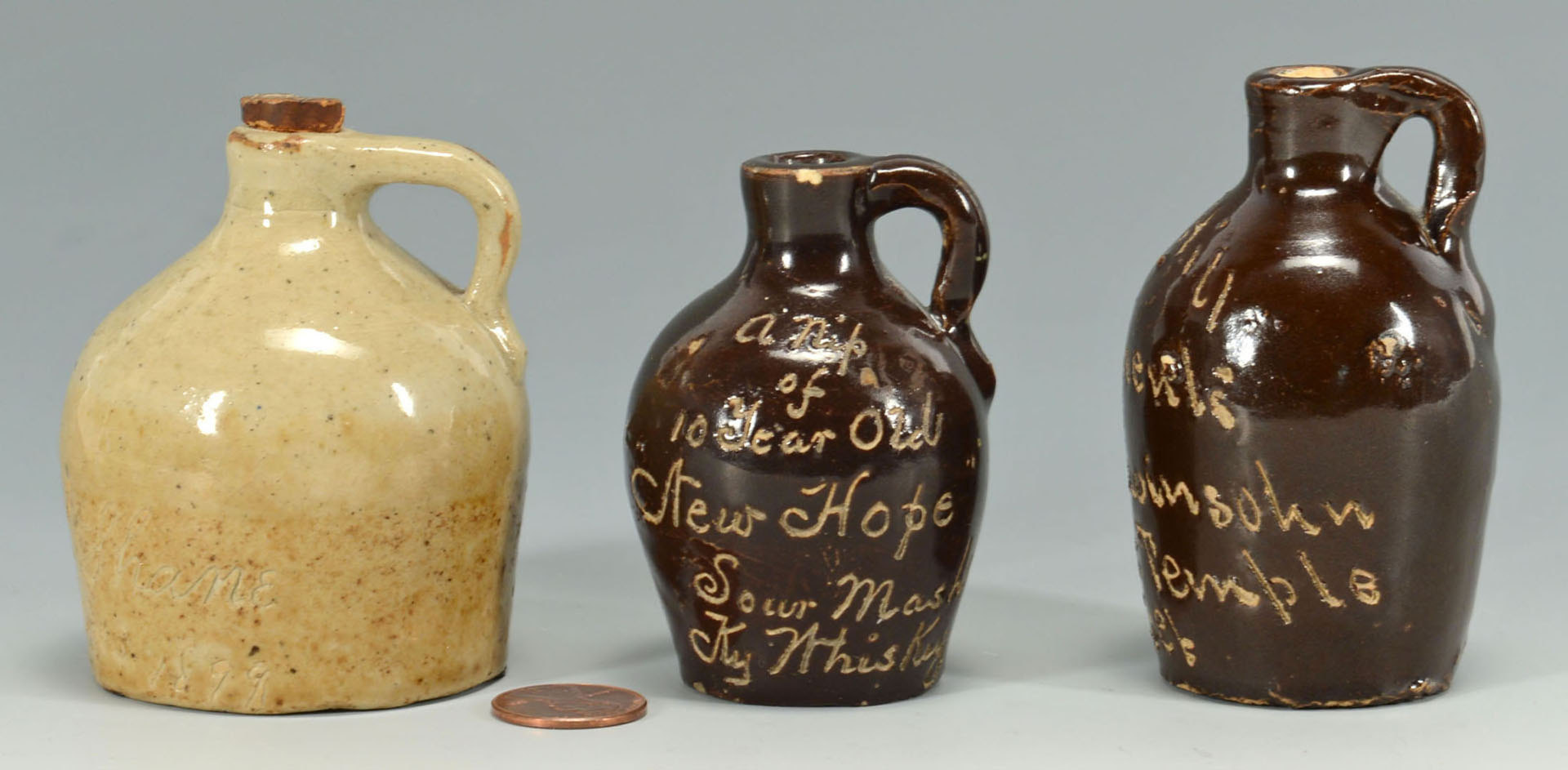 Lot 552: 3 Miniature Jugs, Incised Script, One KY Whiskey
