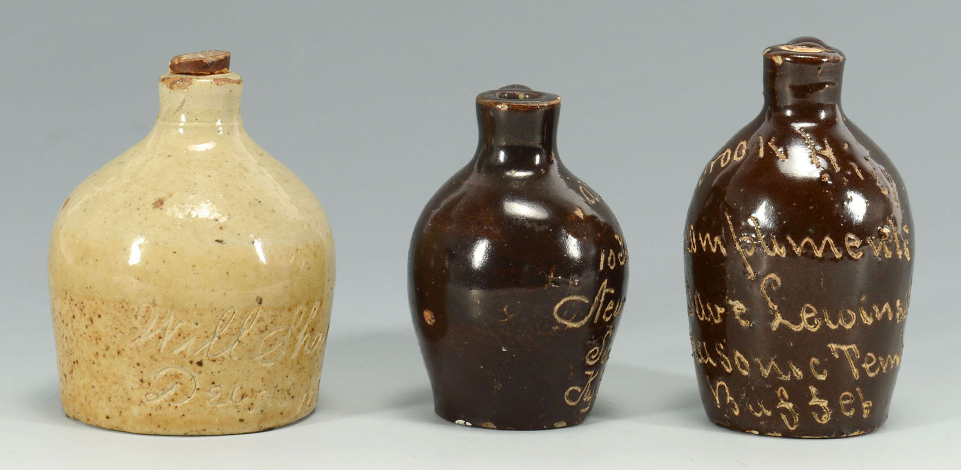 Lot 552: 3 Miniature Jugs, Incised Script, One KY Whiskey